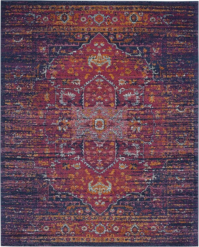 SAFAVIEH Evoke Collection 8' x 10' Blue / Fuchsia EVK275F Oriental Medallion Distressed Non-Shedding Living Room Bedroom Dining Home Office Area Rug