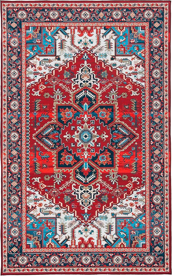 SAFAVIEH Washable Rug Tucson Collection - 4' x 6', Red & Blue, Slip Resistant & Easy to Clean, Ideal for Foyer, Kitchen, Nursery, Office, Bedroom (TSN101Q)