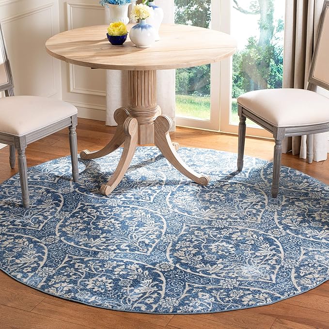 SAFAVIEH Brentwood Collection Area Rug - 5' Square, Navy & Light Grey, Floral Damask Ogee Trellis Design, Non-Shedding & Easy Care, Ideal for High Traffic Areas in Living Room, Bedroom (BNT860M)