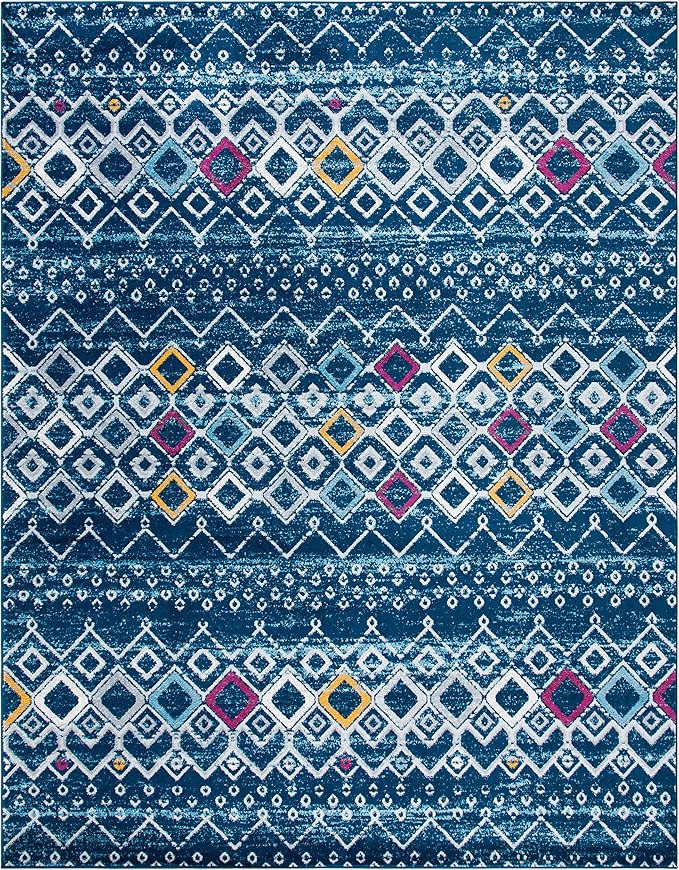 SAFAVIEH Amsterdam Collection Area Rug - 10' x 14', Navy & Turquoise, Moroccan Boho Design, Non-Shedding & Easy Care, Ideal for High Traffic Areas in Living Room, Bedroom (AMS108M)