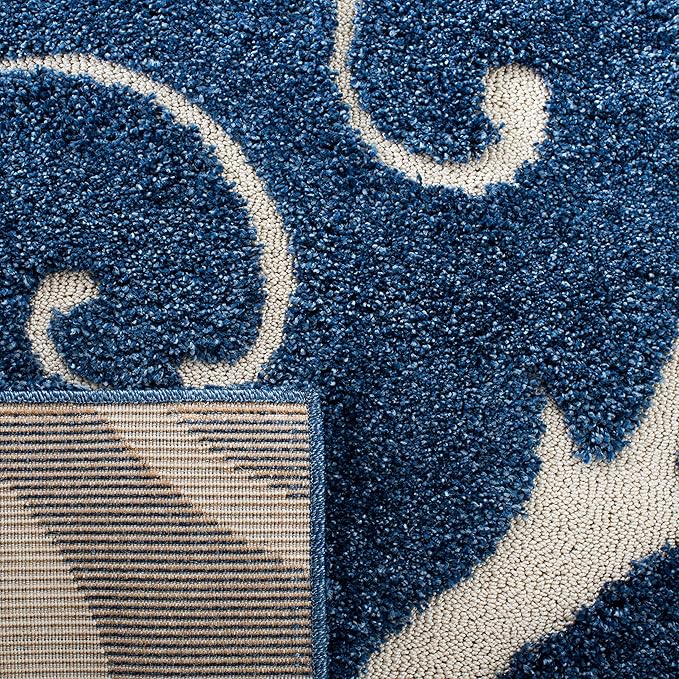 SAFAVIEH Florida Shag Collection Runner Rug - 2'3" x 15', Dark Blue & Cream, Scroll Design, Non-Shedding & Easy to Clean, High-Low Plush Pile, Ideal for Bedroom, Foyer, Hallway (SG455-6511)