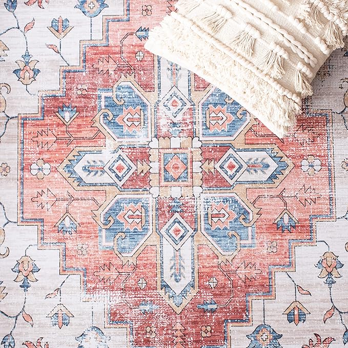 SAFAVIEH Washable Rug Tucson Collection - 4' Square, Beige & Blue, Slip Resistant & Easy to Clean, Ideal for Foyer, Kitchen, Nursery, Office, Bedroom (TSN109B)