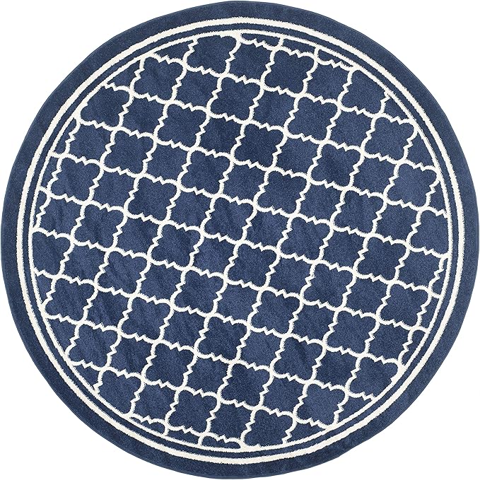 SAFAVIEH Amherst Collection Area Rug - 7' Round, Navy & Beige, Moroccan Trellis Design, Non-Shedding & Easy Care, Ideal for High Traffic Areas in Living Room, Bedroom (AMT422P)