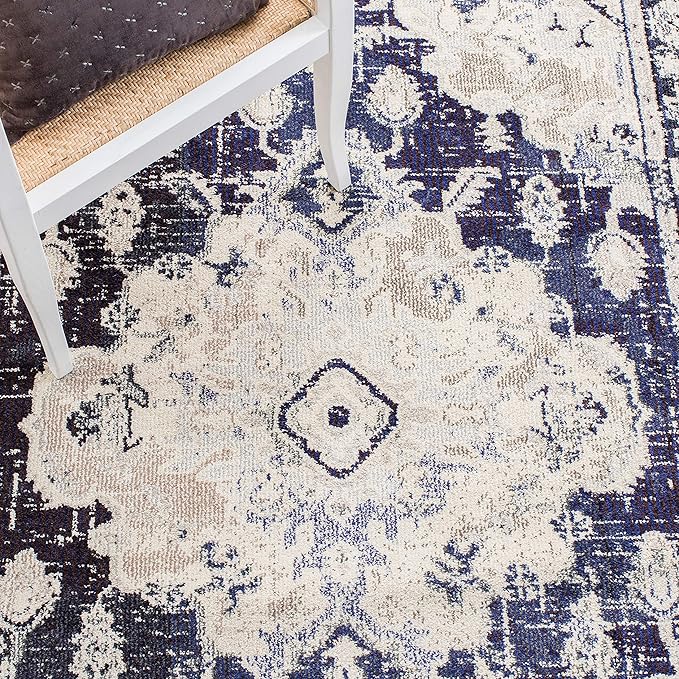 SAFAVIEH Monaco Collection Area Rug - 8' x 10', Ivory & Navy, Non-Shedding & Easy to Clean, Distressed Medallion Design, Ideal for Living Room, Bedroom, Dining Space (MNC243C)