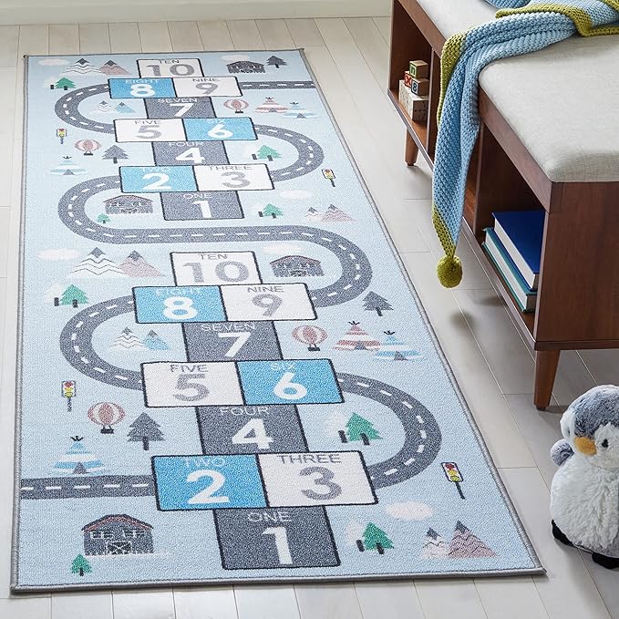 SAFAVIEH Washable Rug Kids Playhouse Collection - 2'2" x 12' Runner, Grey & Blue, Slip Resistant & Easy to Clean, Ideal for Kids Room, Playroom, Nursery, Boys & Girls Room (KPH226F)