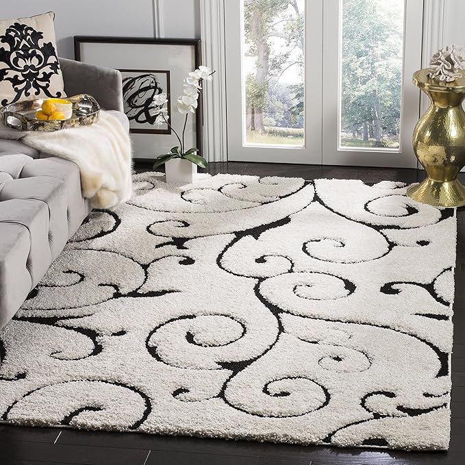 SAFAVIEH Florida Shag Collection Accent Rug - 4' x 6', Ivory & Black, Scroll Design, Non-Shedding & Easy Care, High-Low Plush Pile, Ideal for Living Room, Bedroom, Dining Space (SG455-1290)