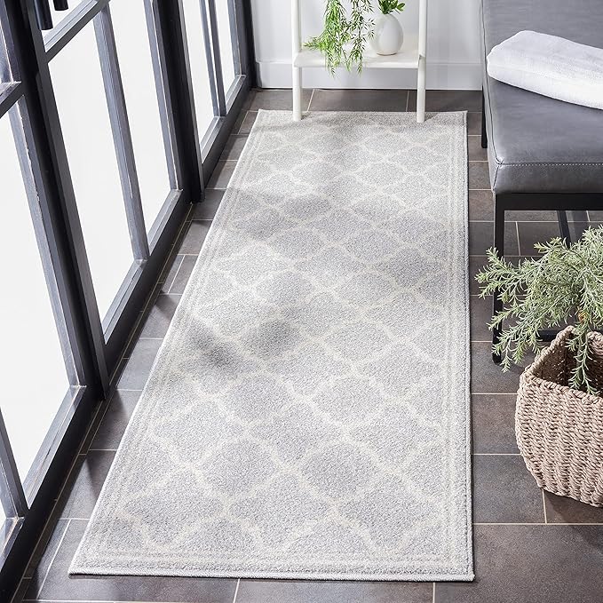 SAFAVIEH Amherst Collection Runner Rug - 2'3" x 13', Light Grey & Beige, Moroccan Trellis Design, Non-Shedding & Easy Care, Ideal for High Traffic Areas in Living Room, Bedroom (AMT422B)