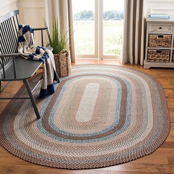 SAFAVIEH Washable Rug Outdoor Braided Collection - 7'x 10', Brown & Multi, Handmade & Reversible, Non-Shedding & Easy to Clean, Ideal for Patio, Backyard, Mudroom (BRD313A)