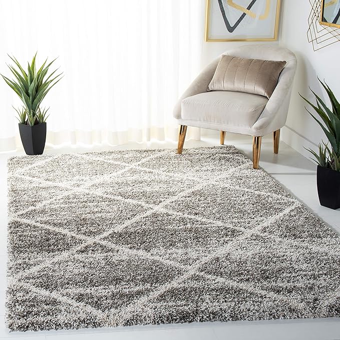 SAFAVIEH Hudson Shag Collection Area Rug - 9' x 12', Distressed Grey & Ivory, Trellis Design, Non-Shedding & Easy Care, 2-inch Thick Ideal for High Traffic Areas in Living Room, Bedroom (SGH281K)