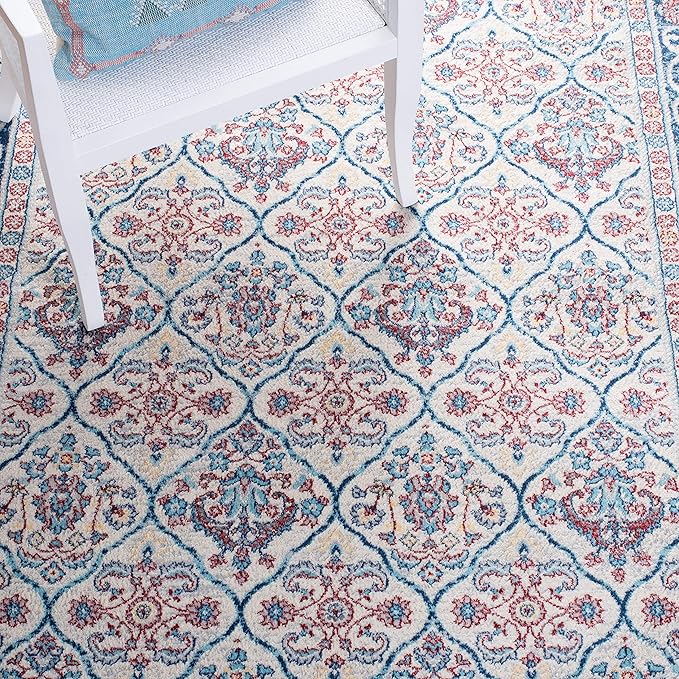 SAFAVIEH Brentwood Collection 3' x 5' Beige / Navy BNT870B Oriental Damask Trellis Non-Shedding Living Room Bedroom Accent Rug