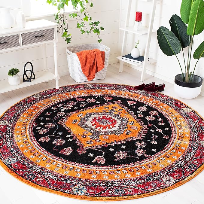 SAFAVIEH Vintage Hamadan Collection Area Rug - 6'7" Round, Orange & Black, Traditional Oriental Design, Non-Shedding & Easy Care, Ideal for High Traffic Areas in Living Room, Bedroom (VTH204P)