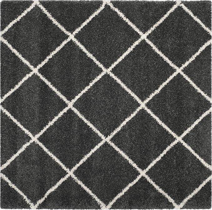 SAFAVIEH Hudson Shag Collection Area Rug - 5' Square, Dark Grey & Ivory, Modern Trellis Design, Non-Shedding & Easy Care, 2-inch Thick Ideal for High Traffic Areas in Living Room, Bedroom (SGH281G)