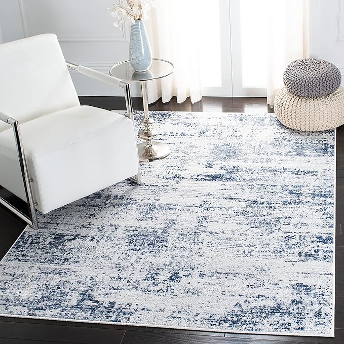 SAFAVIEH Amelia Collection Accent Rug - 4' x 6', Ivory & Navy, Modern Abstract Design, Non-Shedding & Easy Care, Ideal for High Traffic Areas in Entryway, Living Room, Bedroom (ALA700B)