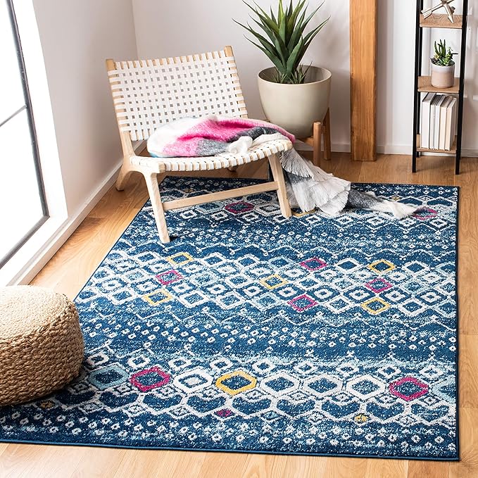 SAFAVIEH Amsterdam Collection Accent Rug - 4' x 6', Navy & Turquoise, Moroccan Boho Design, Non-Shedding & Easy Care, Ideal for High Traffic Areas in Entryway, Living Room, Bedroom (AMS108M)