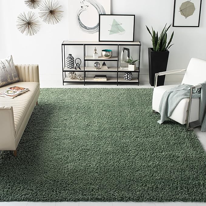 SAFAVIEH August Shag Collection Area Rug - 4' Square, Green, Solid Design, Non-Shedding & Easy Care, 1.5-inch Thick Ideal for High Traffic Areas in Living Room, Bedroom (AUG200Y)