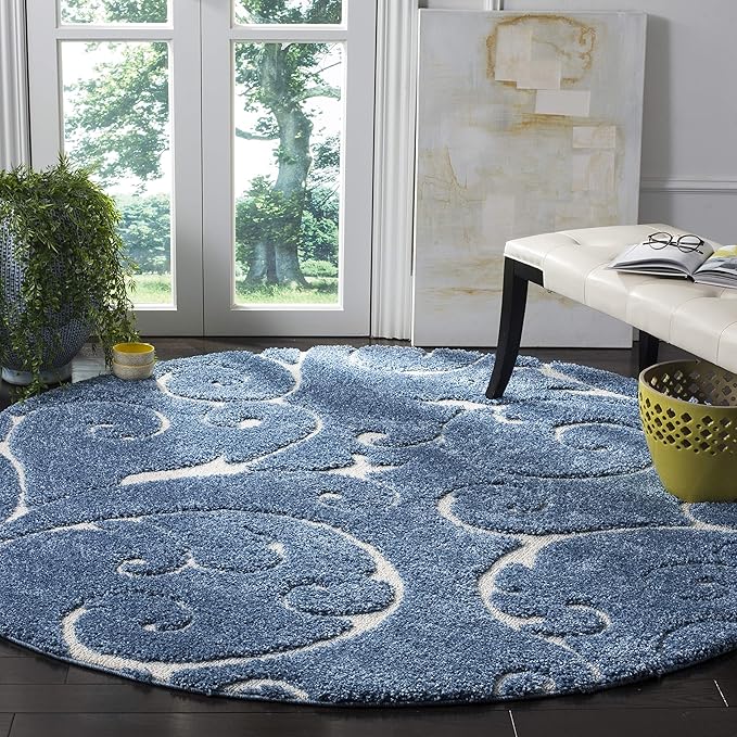SAFAVIEH Florida Shag Collection Area Rug - 4' Round, Light Blue & Cream, Scroll Design, Non-Shedding & Easy to Clean, High-Low Plush Pile, Ideal for Living Room, Bedroom, Dining Space (SG455-6011)