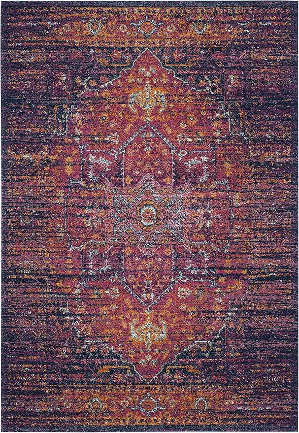 SAFAVIEH Evoke Collection Area Rug - 5'3" x 7'6", Blue & Fuchsia, Oriental Medallion Distressed Design, Non-Shedding & Easy Care, Ideal for High Traffic Areas in Living Room, Bedroom (EVK275F)