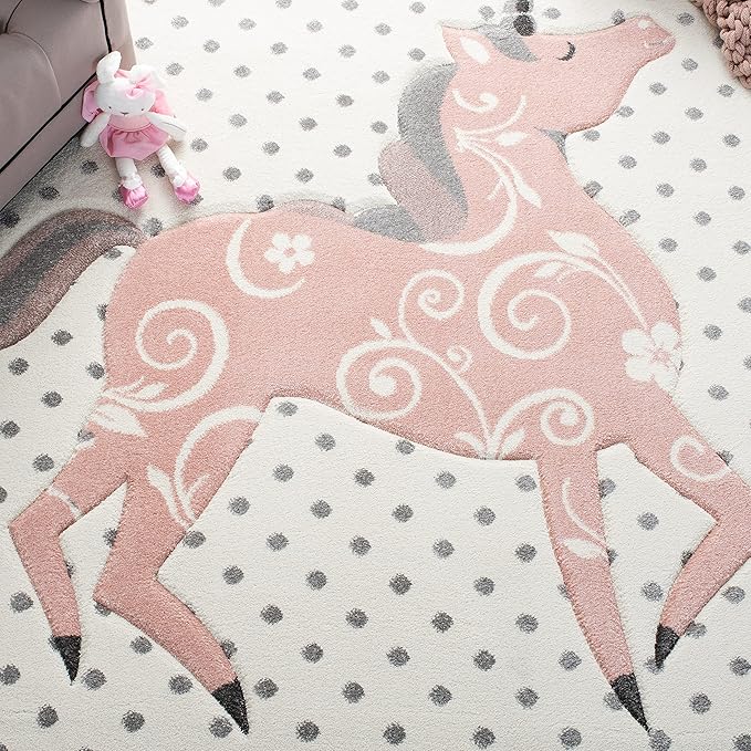 SAFAVIEH Carousel Kids Collection Accent Rug - 2' x 3', Ivory Grey & Pink, Non-Shedding & Easy Care, Ideal for High Traffic Areas for Boys & Girls in Playroom, Nursery, Bedroom (CRK163B)