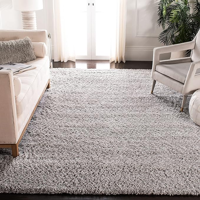 SAFAVIEH Fontana Shag Collection Area Rug - 6'7" Square, Grey, Solid Design, Non-Shedding & Easy Care, 2-inch Thick Ideal for High Traffic Areas in Living Room, Bedroom (FNT800F)