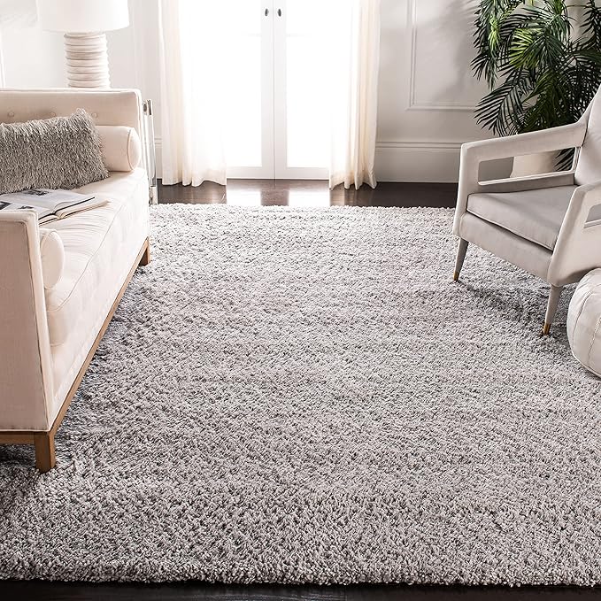 SAFAVIEH Fontana Shag Collection Area Rug - 4' Square, Grey, Solid Design, Non-Shedding & Easy Care, 2-inch Thick Ideal for High Traffic Areas in Living Room, Bedroom (FNT800F)