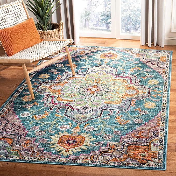 SAFAVIEH Crystal Collection 5' Round Light Blue/Fuchsia CRS501B Boho Chic Oriental Medallion Distressed Non-Shedding Dining Room Entryway Foyer Living Room Bedroom Area Rug