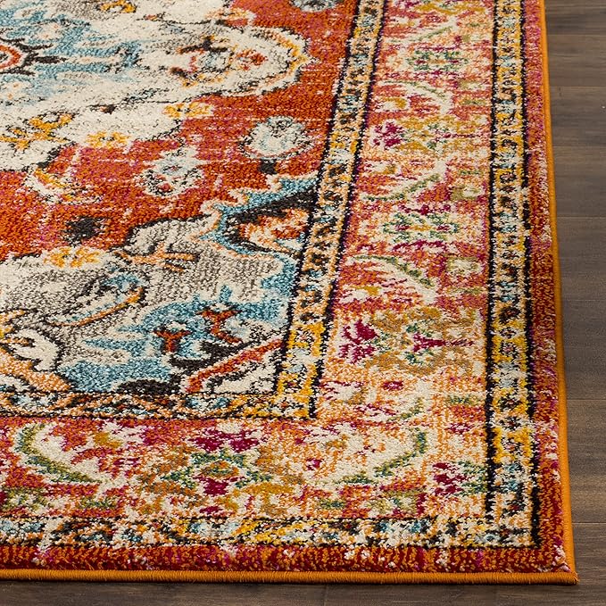 SAFAVIEH Monaco Collection Area Rug - 9' x 12', Orange & Light Blue, Non-Shedding & Easy to Clean, Distressed Medallion Design, Ideal for Living Room, Bedroom, Dining Space (MNC243H)