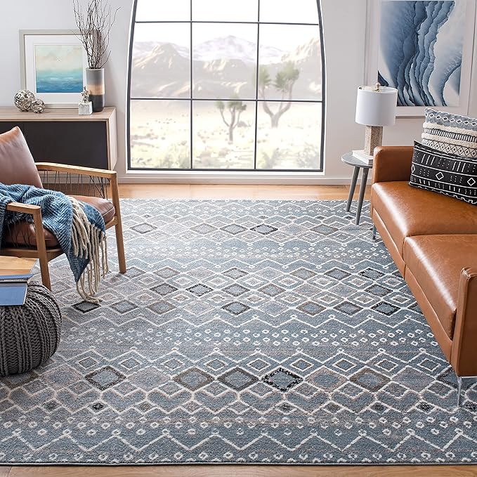 SAFAVIEH Amsterdam Collection Area Rug - 10' x 14', Blue & Ivory, Moroccan Boho Design, Non-Shedding & Easy Care, Ideal for High Traffic Areas in Living Room, Bedroom (AMS108L)