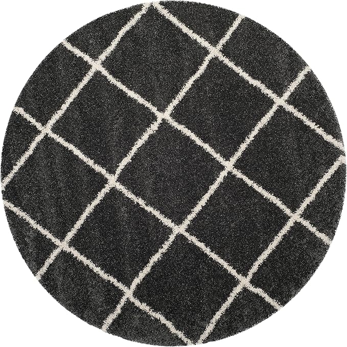 SAFAVIEH Hudson Shag Collection 7' Round Dark Grey/Ivory SGH281G Modern Diamond Trellis Non-Shedding Living Room Bedroom Dining Room Entryway Plush 2-inch Thick Area Rug