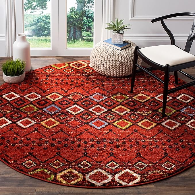 SAFAVIEH Amsterdam Collection 5'1" Round Terracotta / Multi AMS108D Moroccan Boho Non-Shedding Dining Room Entryway Foyer Living Room Bedroom Area Rug