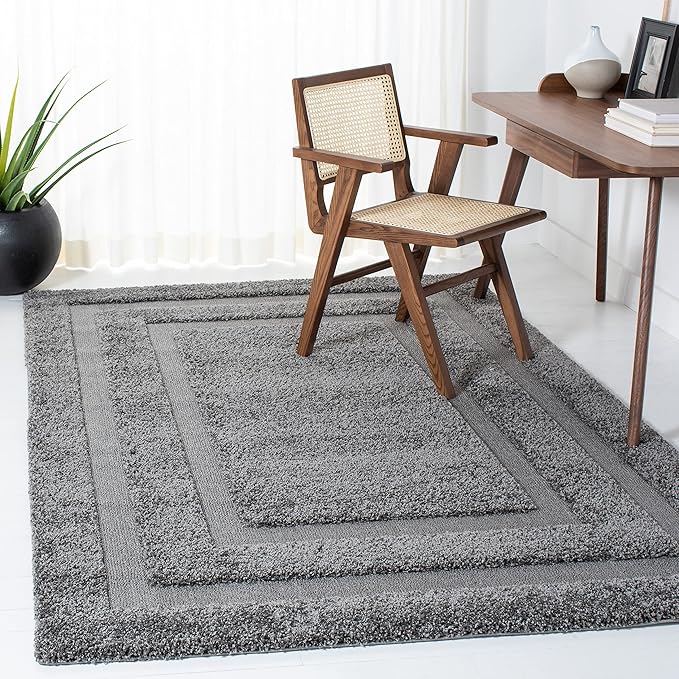 SAFAVIEH Florida Shag Collection Area Rug - 6'7" Square, Grey & Grey, Border Design, Non-Shedding & Easy Care, 1.2-inch Thick Ideal for High Traffic Areas in Living Room, Bedroom (SG454-8080)