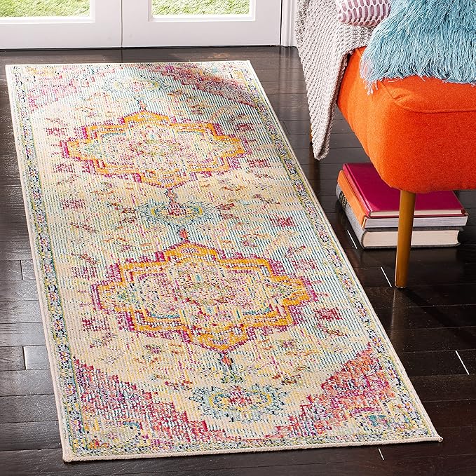 SAFAVIEH Crystal Collection Runner Rug - 2'2" x 13', Light Blue & Fuchsia, Medallion Distressed Design, Non-Shedding & Easy Care, Ideal for High Traffic Areas in Living Room, Bedroom (CRS501B)