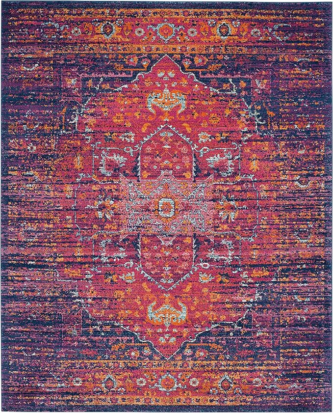 SAFAVIEH Evoke Collection 12' x 18' Blue / Fuchsia EVK275F Oriental Medallion Distressed Non-Shedding Living Room Bedroom Dining Home Office Area Rug