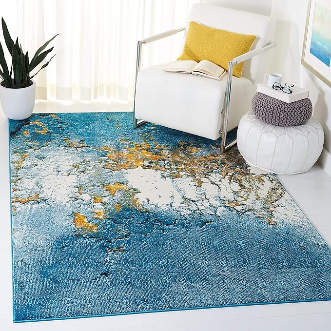 SAFAVIEH Glacier Collection 4' x 6' Blue/Gold GLA125M Modern Abstract Non-Shedding Living Room Bedroom Accent Rug