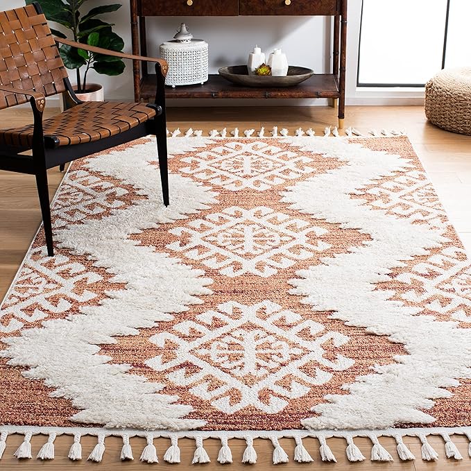 SAFAVIEH Moroccan Tassel Shag Collection Area Rug - 5'3" x 7'6", Orange & Ivory, Boho Design, Non-Shedding & Easy Care, 2-inch Thick Ideal for High Traffic Areas in Living Room, Bedroom (MTS652P)