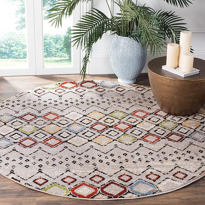 SAFAVIEH Amsterdam Collection 8' Round Light Grey/Multi AMS108G Moroccan Boho Non-Shedding Living Room Dining Bedroom Foyer Area Rug