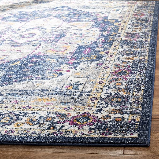 SAFAVIEH Evoke Collection Area Rug - 6'7" x 9', Navy & Grey, Oriental Medallion Distressed Design, Non-Shedding & Easy Care, Ideal for High Traffic Areas in Living Room, Bedroom (EVK275N)