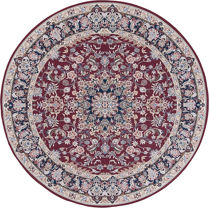 SAFAVIEH Washable Rug Tucson Collection - 6' Round, Red & Navy, Slip Resistant & Easy to Clean, Ideal for Living Room, Bedroom, Dining Space (TSN135Q)