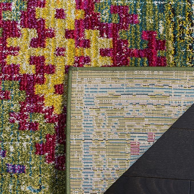 SAFAVIEH Monaco Collection Area Rug - 6'7" Square, Green & Multi, Boho Diamond Trellis Design, Non-Shedding & Easy Care, Ideal for High Traffic Areas in Living Room, Bedroom (MNC244G)