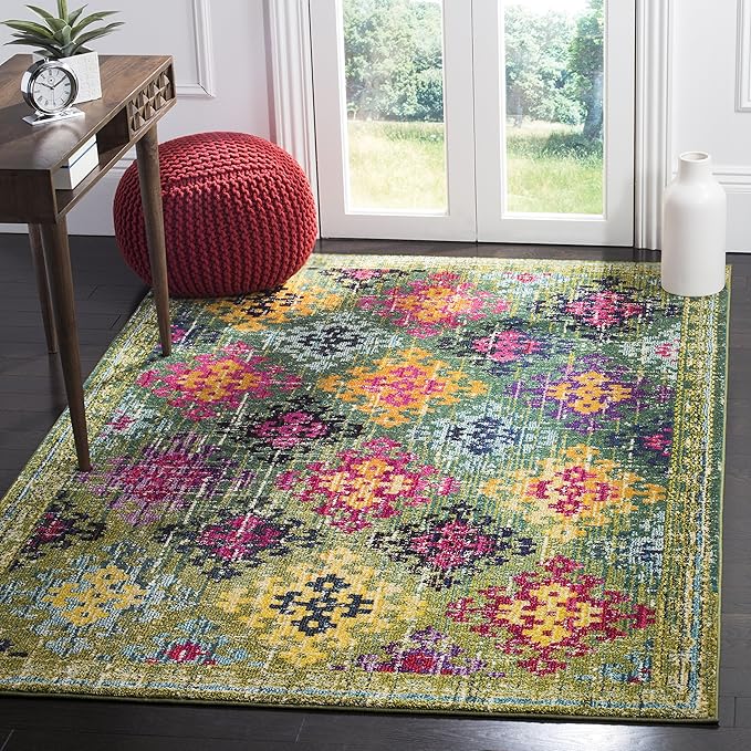 SAFAVIEH Monaco Collection Area Rug - 6'7" x 9'2", Green & Multi, Boho Diamond Trellis Design, Non-Shedding & Easy Care, Ideal for High Traffic Areas in Living Room, Bedroom (MNC244G)