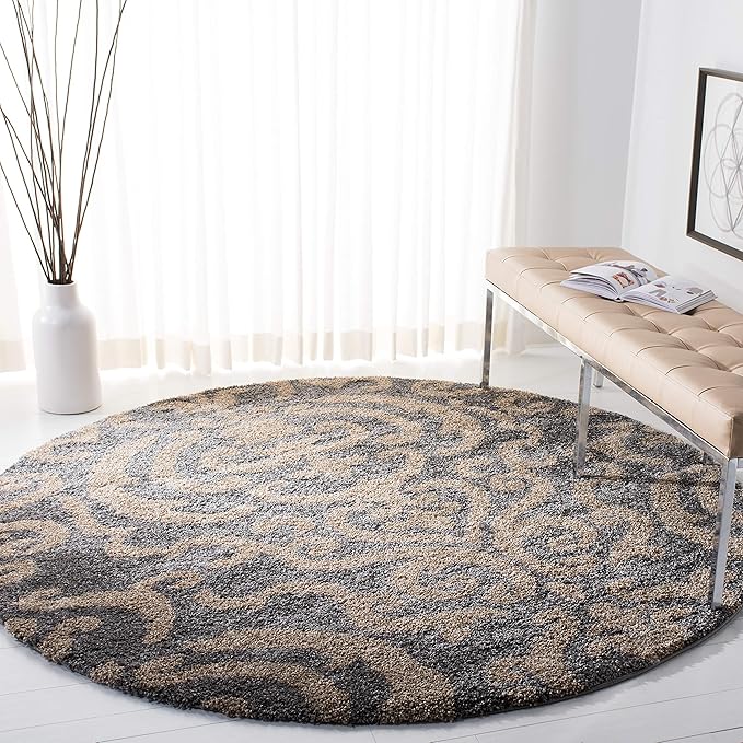 SAFAVIEH Florida Shag Collection 6'7" Round Grey/Beige SG462 Damask Non-Shedding Living Room Bedroom Dining Room Entryway Plush 1.2-inch Thick Area Rug