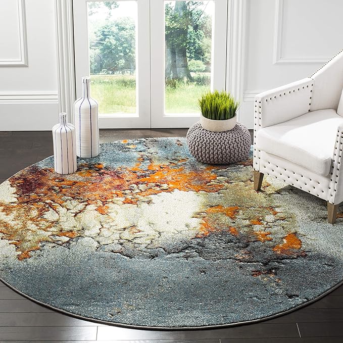 SAFAVIEH Glacier Collection Area Rug - 3' Round, Blue & Multi, Modern Abstract Design, Non-Shedding & Easy Care, Ideal for High Traffic Areas in Living Room, Bedroom (GLA125B)