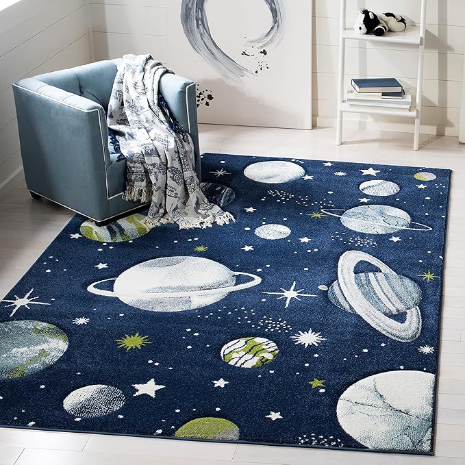 SAFAVIEH Carousel Kids Collection Accent Rug - 4' x 6', Navy & Ivory, Non-Shedding & Easy Care, Ideal for High Traffic Areas for Boys & Girls in Playroom, Nursery, Bedroom (CRK103N)