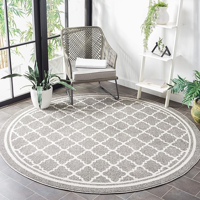 SAFAVIEH Amherst Collection 7' Round Dark Grey/Beige AMT422R Moroccan Trellis Non-Shedding Dining Room Entryway Foyer Living Room Bedroom Area Rug