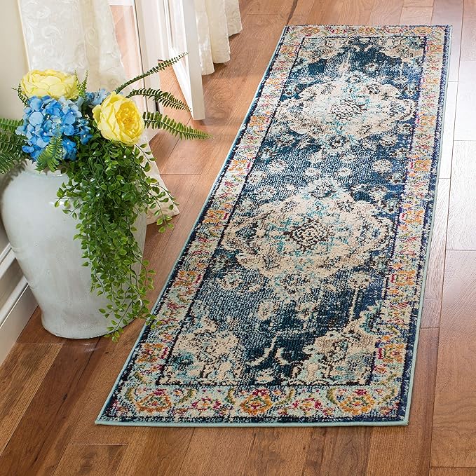 SAFAVIEH Monaco Collection Runner Rug - 2'2" x 16', Navy & Light Blue, Non-Shedding & Easy to Clean, Distressed Medallion Design, Ideal for Hallway, Foyer, Entryway, Kitchen, Bedroom (MNC243N)