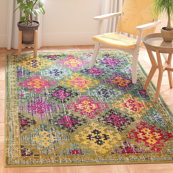 SAFAVIEH Monaco Collection Accent Rug - 4' x 5'7", Green & Multi, Boho Diamond Trellis Design, Non-Shedding & Easy Care, Ideal for High Traffic Areas in Entryway, Living Room, Bedroom (MNC244G)