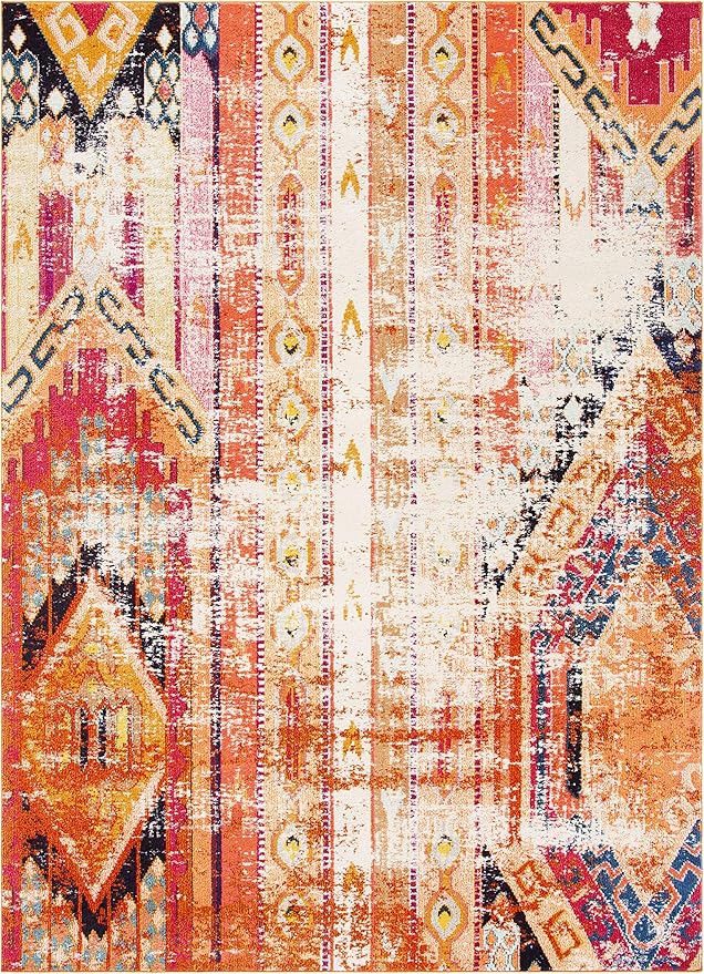 SAFAVIEH Monaco Collection Area Rug - 9' x 12', Orange & Multi, Boho Chic Tribal Distressed Design, Non-Shedding & Easy Care, Ideal for High Traffic Areas in Living Room, Bedroom (MNC222H)