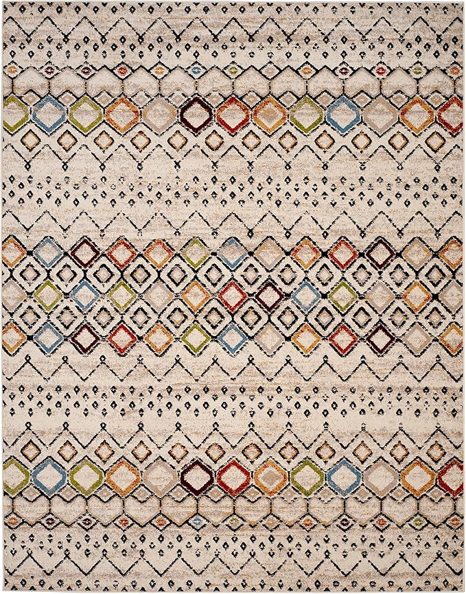 SAFAVIEH Amsterdam Collection Area Rug - 9' x 12', Ivory & Multi, Moroccan Boho Design, Non-Shedding & Easy Care, Ideal for High Traffic Areas in Living Room, Bedroom (AMS108K)