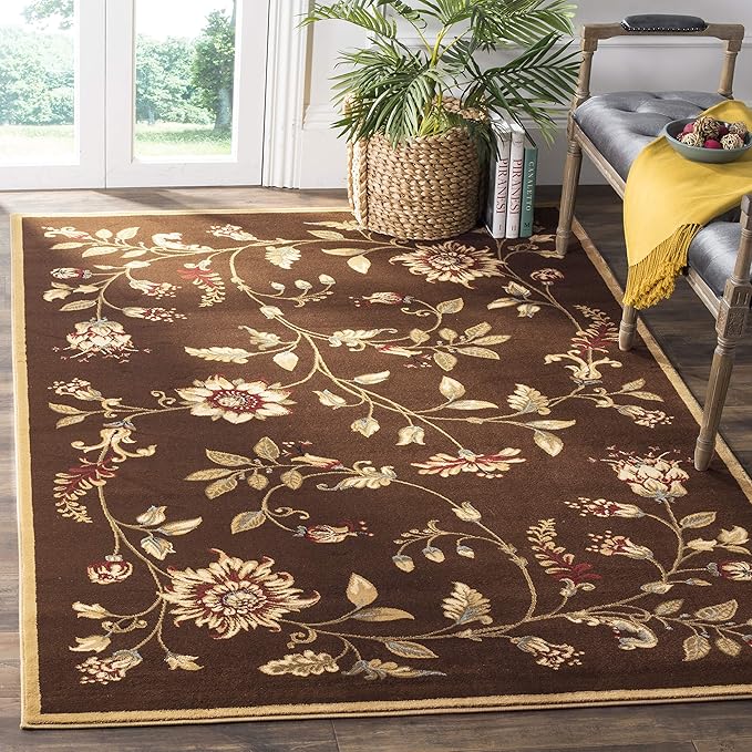 SAFAVIEH Lyndhurst Collection Area Rug - 6'7" x 9'6", Brown & Multi, Traditional Floral Design, Non-Shedding & Easy Care, Ideal for High Traffic Areas in Living Room, Bedroom (LNH552-2591)