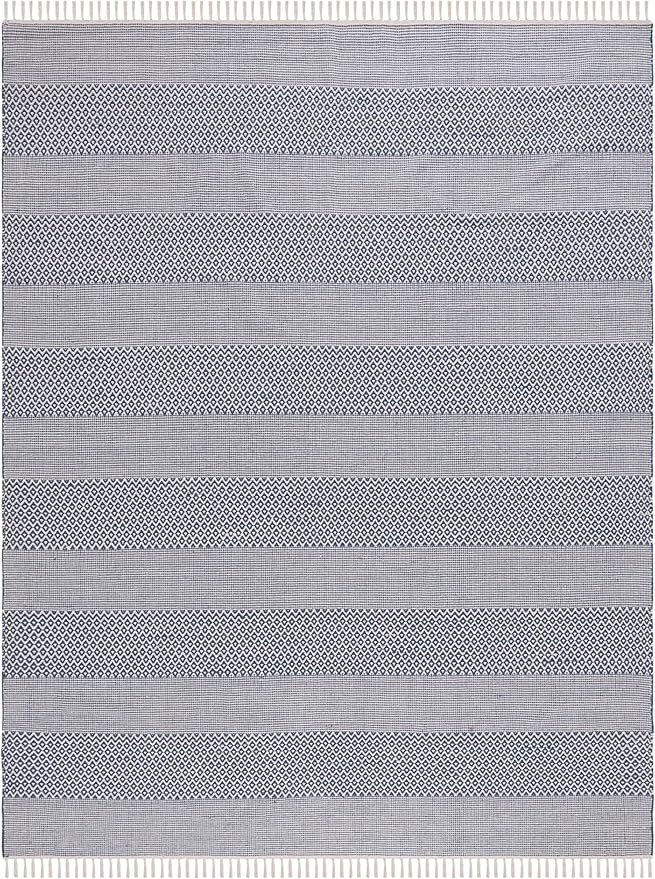SAFAVIEH Montauk Collection X-Large Area Rug - 11' x 15', Ivory & Navy, Handmade Flat Weave Boho Farmhouse Cotton Tassel Fringe, Ideal for High Traffic Areas in Living Room, Bedroom (MTK330B)