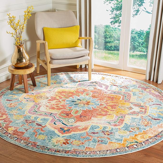 SAFAVIEH Crystal Collection Area Rug - 5' Round, Orange & Teal, Medallion Distressed Design, Non-Shedding & Easy Care, Ideal for High Traffic Areas in Living Room, Bedroom (CRS501K)